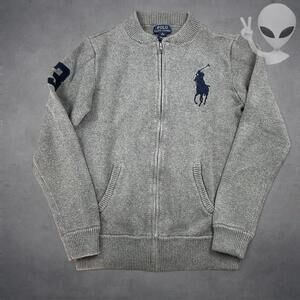 Polo Ralph Lauren Knit Sweater Medium Grey Full Zip Big Pony Classic Vintage